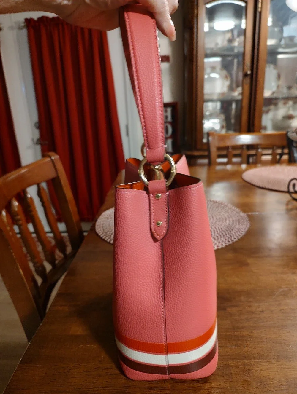 Coach Pink Pebbled Leather Shoulder Bag with Stripe Trim
